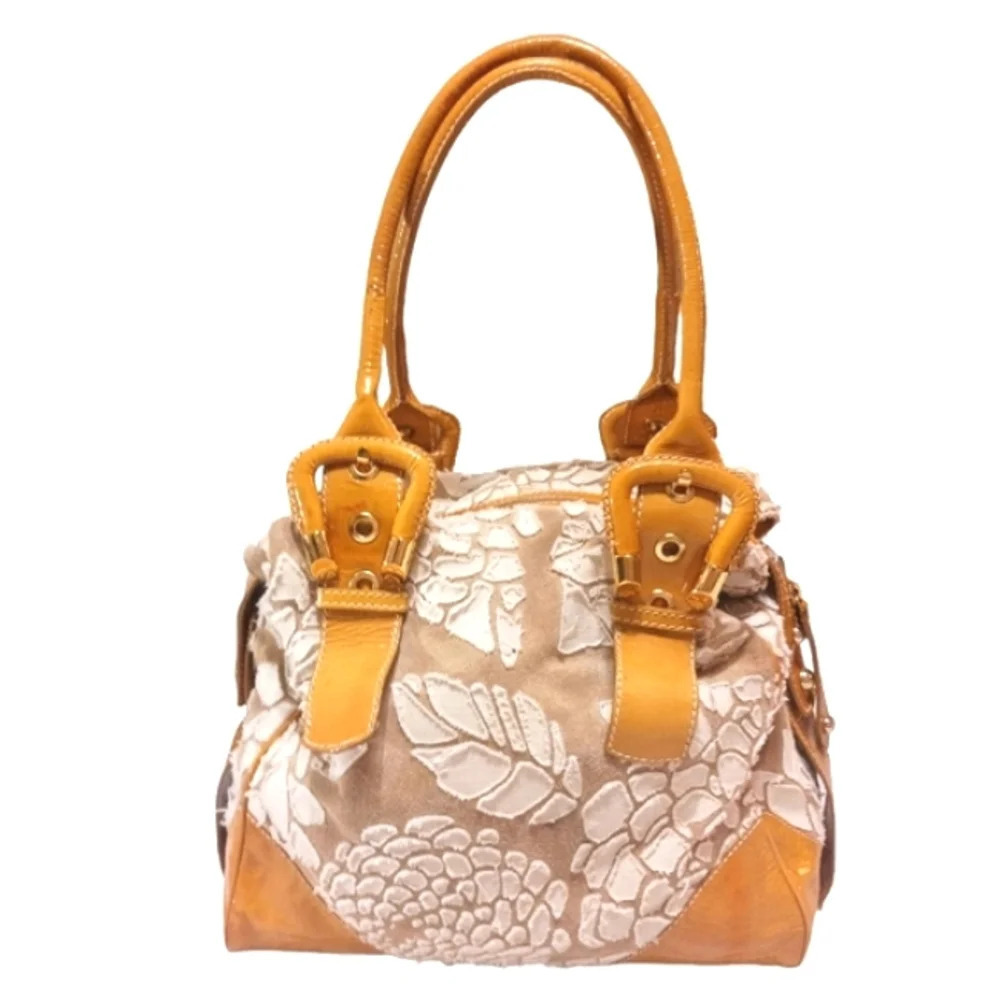 Francesco Biasia Yellow Leather and Fabric Patchwork Satchel Hobo Shoulder Bag